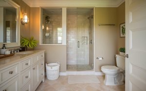cozy bathroom with shower using frameless door